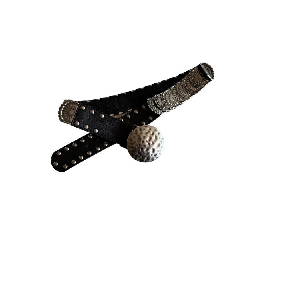 Leather & Metal Concho Belt With Hammered Silver Buckle